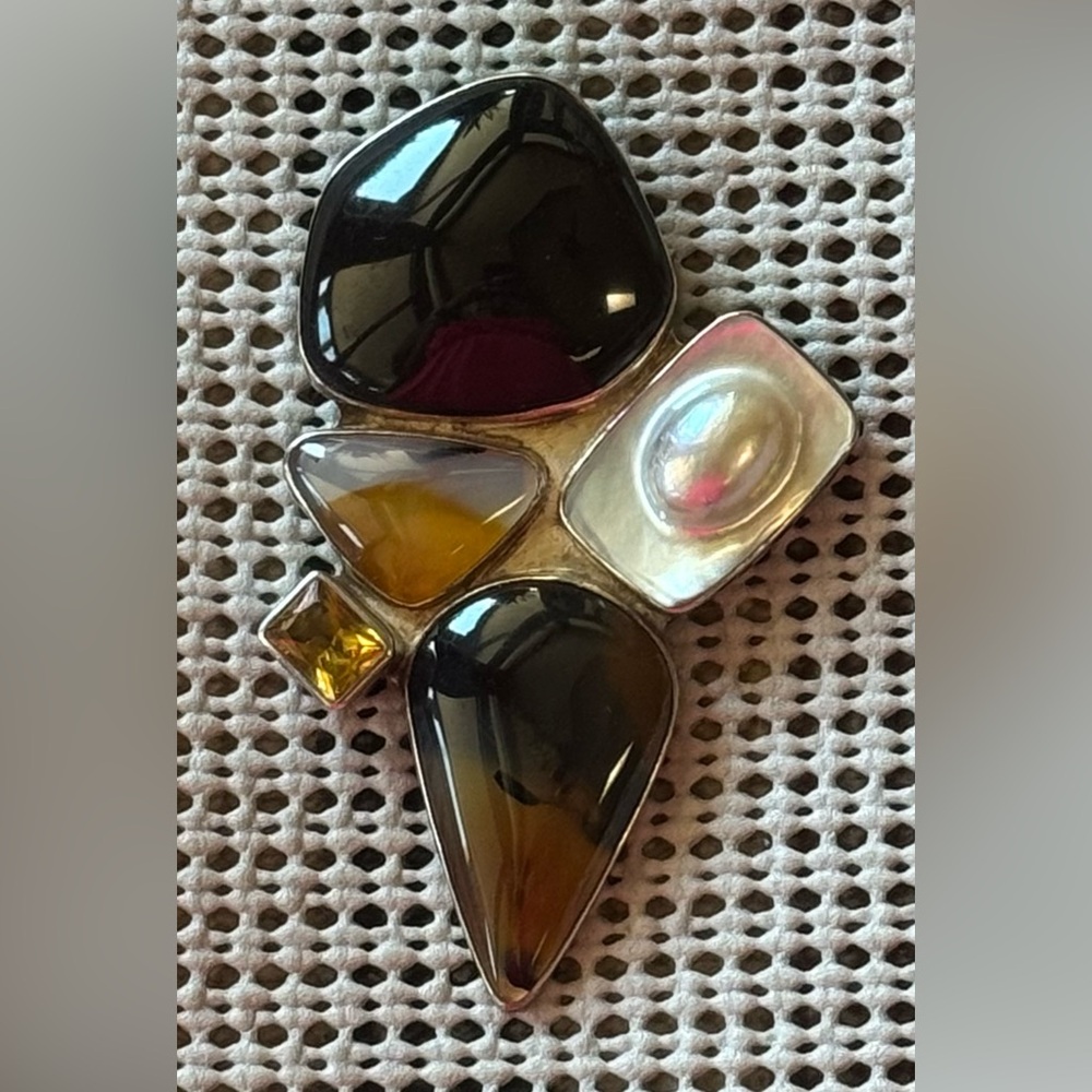 Black and Brown Gemstone Brooch with Organic Designed by Judi Yates